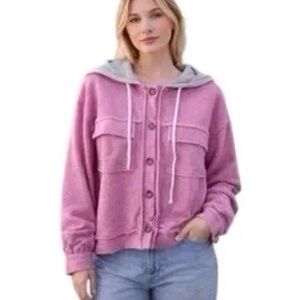 ZENANA NWT TOP Fleece Hoodie Purple Pink Button Front Size Medium